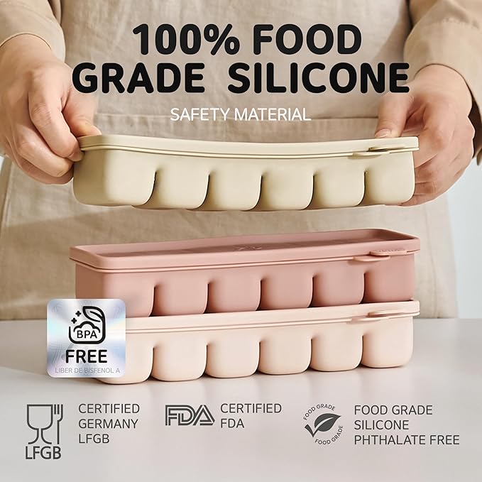 Silicone Freezer Trays with Lid, 2.37oz . 2ea Sets 6 Cube - Leak Proof Baby Food Freezer Tray for Breastmilk, Purees, Vegetables - Easy-Release Stackable Ice Cube Trays, Baby Food Jars BPA Free Mix