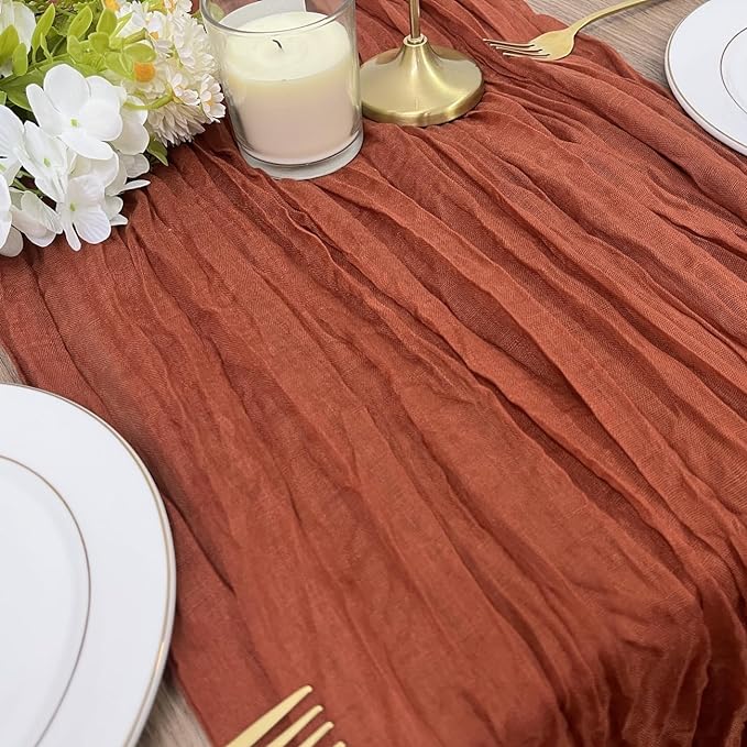 1 Pack Cheesecloth Table Runner, 10FT 35x120 inch Rust Red Table Cloth, Boho Rustic Gauze Dusty for Baby Shower Decor, Mothers Day, Bridal Shower, Wedding, Thanksgiving, Christmas, Birthday Decor