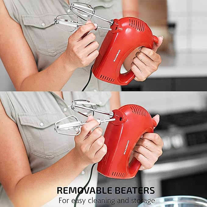 OVENTE 5-Speed Electric Hand Mixer with Stainless Steel Mixing Whisk, Snap-On Storage Case, Portable Lightweight 150W Motor, Compact Handheld Mixer for Baking, Blending or Cooking, Red HM151R