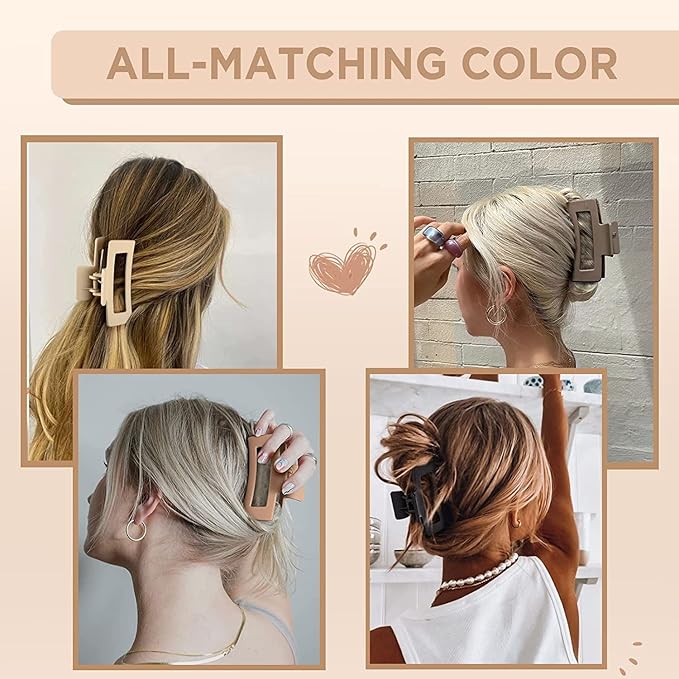 Wekin Large Hair Claw Clips, 4 Pack 4.3" Hair Clips for Women & Girls, Strong Hold Matte Claw Hair Clips for Women Thick Hair(Beige, Khaki, Brown, Dark Brown)