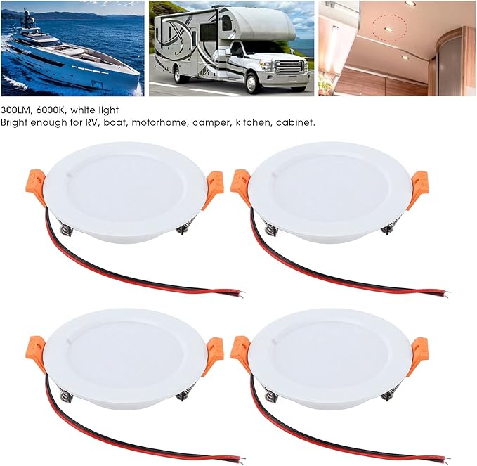 4 Pcs 4in RV Ceiling Dome Light 300LM 6000K Round Downlight Car Interior Lighting WhiteRV Recessed Downlight for Caravan Yacht DC 12V 3W