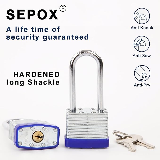 SEPOX® 6 Pcs Pack Keyed-Alike Padlock with Same Key 2Pcs Each Set, Extra Long Shackle, 1-9/16" 40MM Heavy-Duty Laminated Steel Body Rust-Proof, for Outdoor & Indoor Locker,Fence,Gate, Tool-Box, Chain