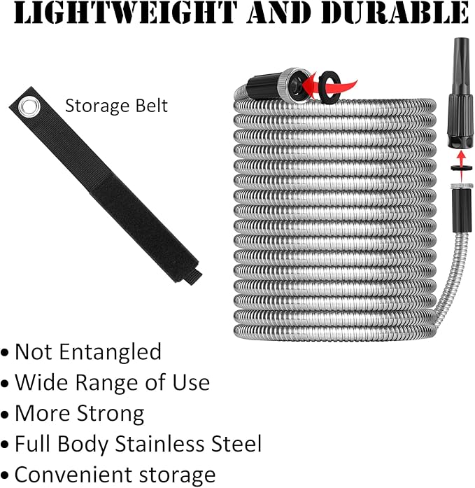 Metal Garden Hose 50ft with Super Tough and Soft Water Hose, Household Stainless Steel Hose, Durable Mighty Garden Hose with Adjustable Nozzle, No Kinks and Tangles, Easy to Store with Storage Strap