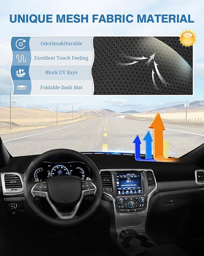 FIILINES Dash Cover for Jeep Grand Cherokee 2011-2021 (NOT for Jeep Cherokee Grand Cherokee L), Dashboard Mat Cover Car Accessories Sunshade Nonslip Mesh Protector No Glare Black