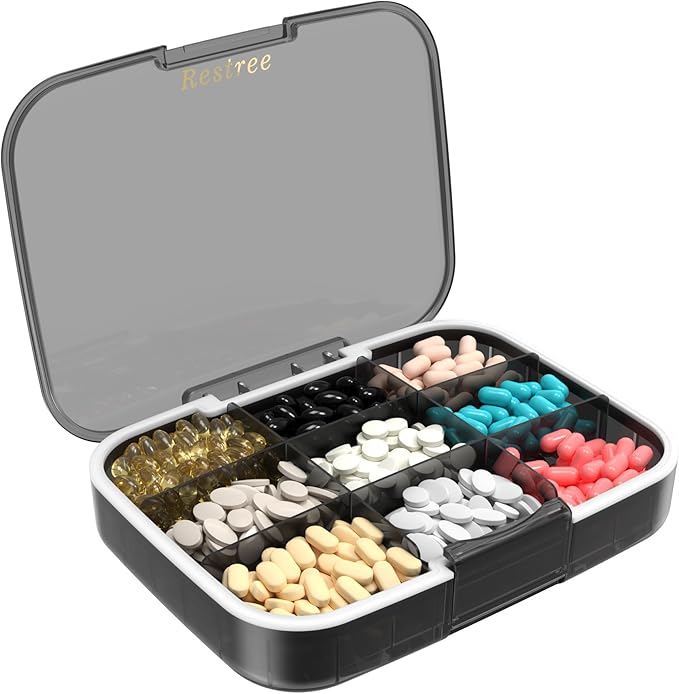 Restree Large Pill Organizer, Daily Pill Box, Portable Medicine Dispenser, Moisture-Proof Travel Pill Case for Vitamin, Medicine, Fish Oil/Supplements 9 compartments (Black)