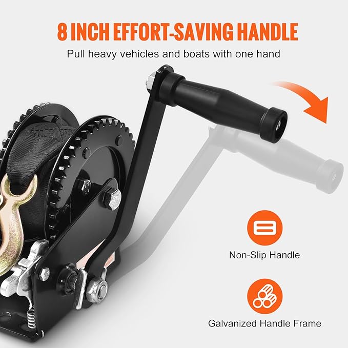 Happybuy Manual Winch, Pulling Force of 2000 lbs, Durable Trailer Winch with 23 ft Polyester Strap, Dual-Direction Ratchet, Robust Rope Crank for Towing Trailer, Boat or ATV