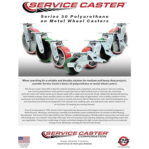Polyurethane on Cast Iron Swivel Top Plate Heavy Duty Caster with 6 Inch Red Wheel and Total Lock Brake 1,200 lbs. CapacityCaster - Service Caster Brand
