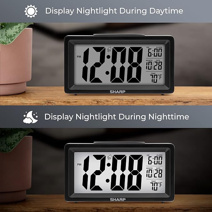 Sharp Alarm Clock with Indoor Temperature, Nightlight, Calendar, Battery Operated Digital Small Clock for Bedrooms or Travel, Black