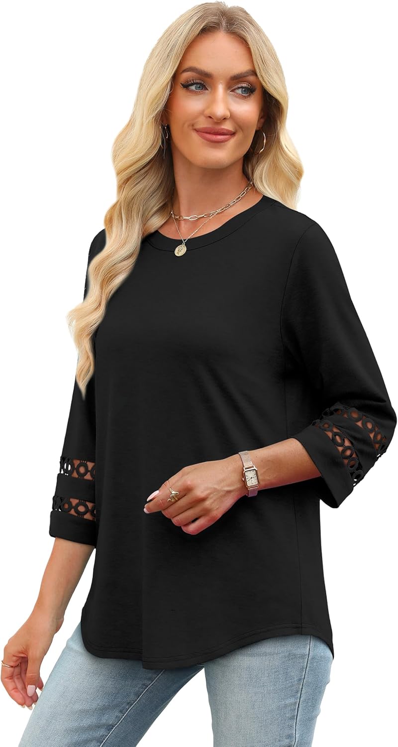 XIEERDUO 3/4 Length Sleeve Womens Tops and Blouses Dressy Casual Crewneck T Shirts Fashion Clothes Loose Fit Trendy