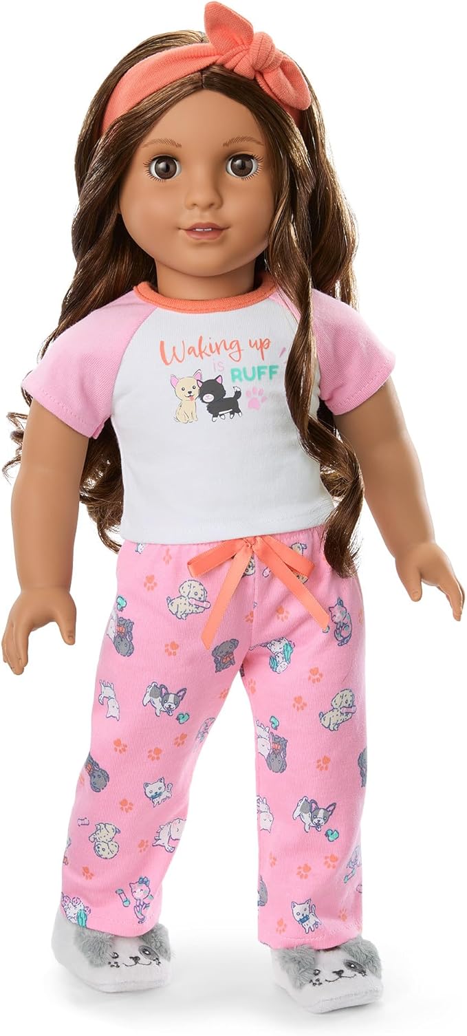 American Girl Truly Me 18-inch Doll Waking Up is Ruff PJs Outfit with Plush Slippers and Knotted Headband, for Ages 6
