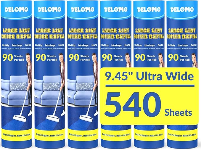 Lint Roller Refills - DELOMO Large Lint Roller Refill (6 Packs 540 Sheets) for Lint Remover, 9.45 in Pet Mega Extreme Stick Refill for Floor Roller, Cleaning for Carpets, Cars, Clothing, and Pet Hair