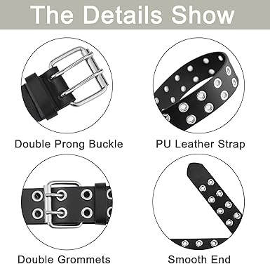 Grommet Leather Belts for Women, Black Belt Women Men with Double Holes