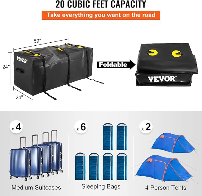 VEVOR Hitch Cargo Carrier Bag, Waterproof 840D PVC, 59"x24"x24" (20 Cubic Feet), Heavy Duty Cargo Bag for Hitch Carrier with Reinforced Straps, Fits Car Truck SUV Vans Hitch Basket