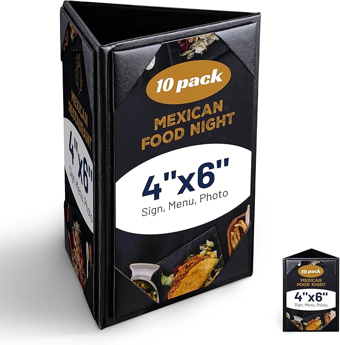 WeChef 10 Pack 4"x6" Table Tent Leatherette Menu Holders 3-Side Menu Triangle Holder Sign Display Cover Bar Restaurant Cafe Leather Black