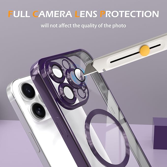 Magnetic Clear Case for iPhone 14 Plus with Full Camera Lens Protection,Compatible with MagSafe,Plating Soft TPU Phone Case,Anti-Scratch Shockproof Slim Cover for Women Gilrs Men - Purple