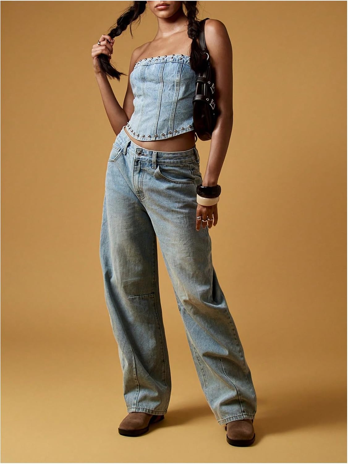 Women's Studded Denim Tube Top Lace Up Strapless Summer Y2K Bandeau Shirt