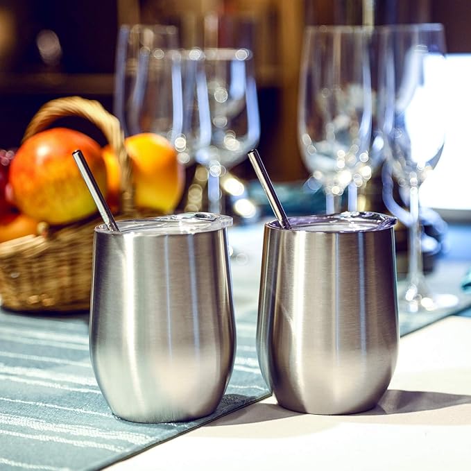 12 oz Stainless Steel Wine Tumbler Stemless Glasses with Lid, Double Wall Insulated Travel Mug Perfect for Wine, Coffee, Drinks, Champagne, Cocktails (Stainless Steel)