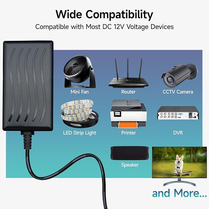 UL Listed 12V 2A 24W 6ft Long Power Supply Adapter, AC DC Switching Adapter (Input 100-240V, Output 12Volt 2Amp 2000mA), DC 12V 5.5x2.1mm Wall Mount Transformer Charger Plug