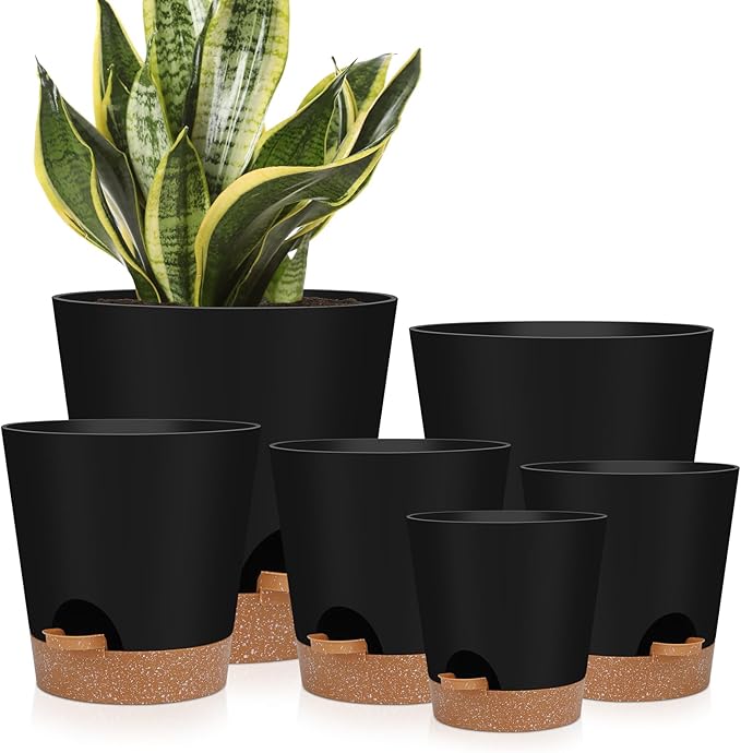 Indoor self-watering pots with drainage holes and saucers, 8, 7, 6.5, 6, 5.5, 5 inches, black color, 6 pots