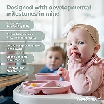 WeeSprout Suction Plates for Babies Toddlers - 100 Silicone, Dinnerware Stays Put, Divided Design for Picky Eaters, Microwave Dishwasher Friendly, 3 Pack