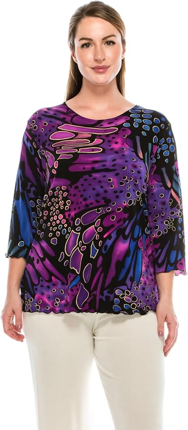 Jostar Women's Print T Shirt - 3/4 Sleeve Merrow Hem Round Neck Stretch Printed Casual Top Blouse