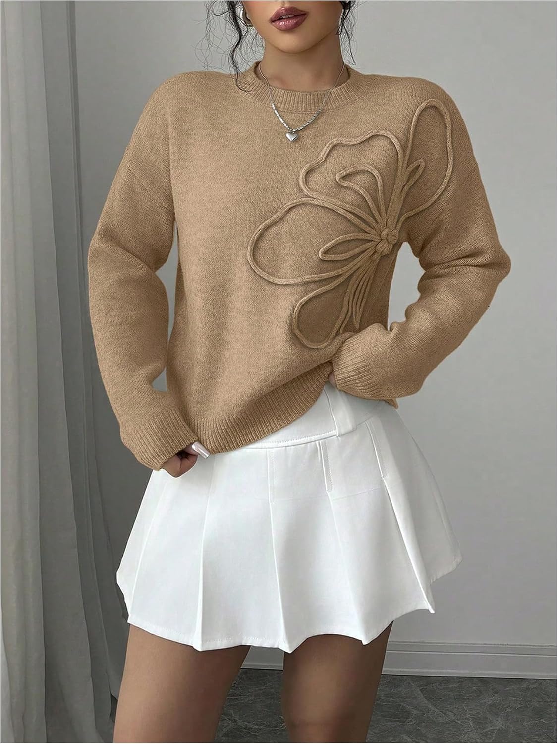 RoseSeek Women's 3D Floral Appliques Crewneck Sweaters Long Sleeve Drop Shoulder Pullovers Elegant Knit Tops