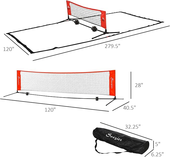 Soozier 10ft Portable Soccer TennisPickleballBadmintonMini Tennis Net wSideline for Training with Included Storage Bag, Red
