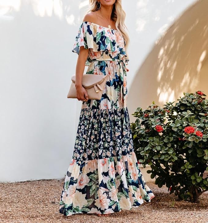 Womens Off Shoulder Boho Floral Maxi Dress 2025 Belted Cinched Waist A-line Dresses Summer Vacation Beach Outfits for Women