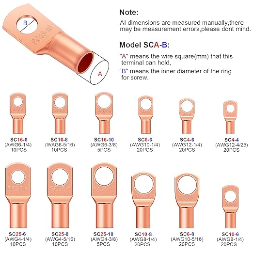 Weewooday 170Pcs Copper Battery Cable Ends 12 Sizes Battery Terminal Connectors Copper Lug Ring Terminal Wire Lugs Kit for AWG4, AWG6, AWG8, AWG10, AWG12