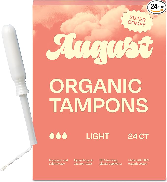 August Light Tampons - 100% Organic Cotton Tampons 24 Pack for Women and Anyone Menstruating, Non-Toxic, Fragrance-Free & Hypoallergenic with Long Applicators