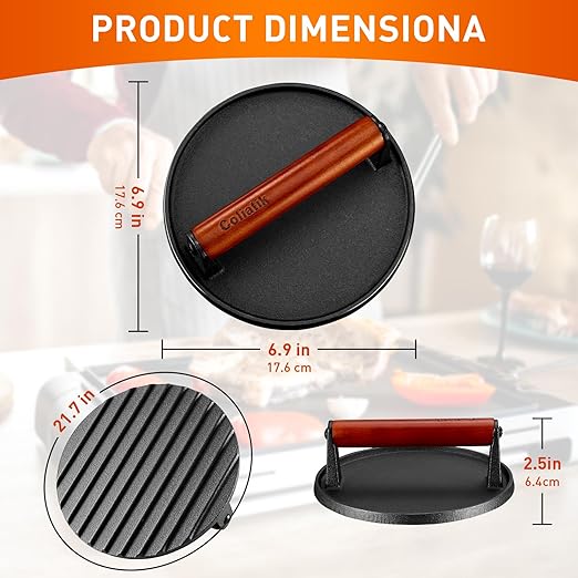 Burger Press 7.08" Round,Heavy-Duty Cast Iron Kit Smash Presses with Wooden Handle-Perfect for Griddle, Grill, and Sandwich Cooking