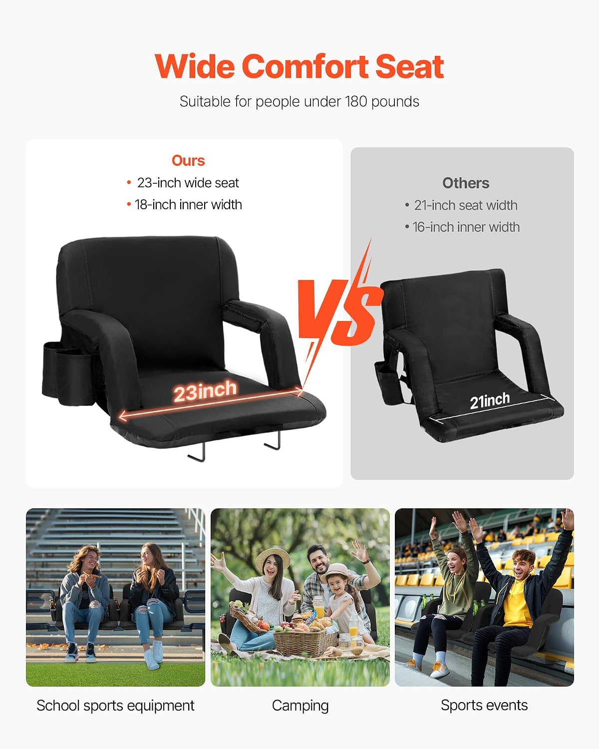 VEVOR Stadium Seat with Back Support, Wide Bleacher Seat Back, Folding Portable Padded Reclining Chair with Hook Pocket Cupholder, Ideal for Sport Event Beach Camping Concert