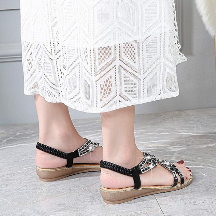 Women's T-Strap Beaded Flower Rhinestone Flat Sandals Dress Beach Shoes