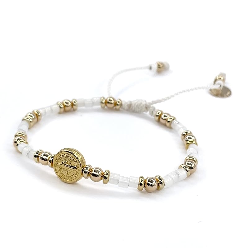 St Benedict Coin Bead Round with Miyuki seed beads and Gold Plated spacers Adjustable Bracelet for Women (White)