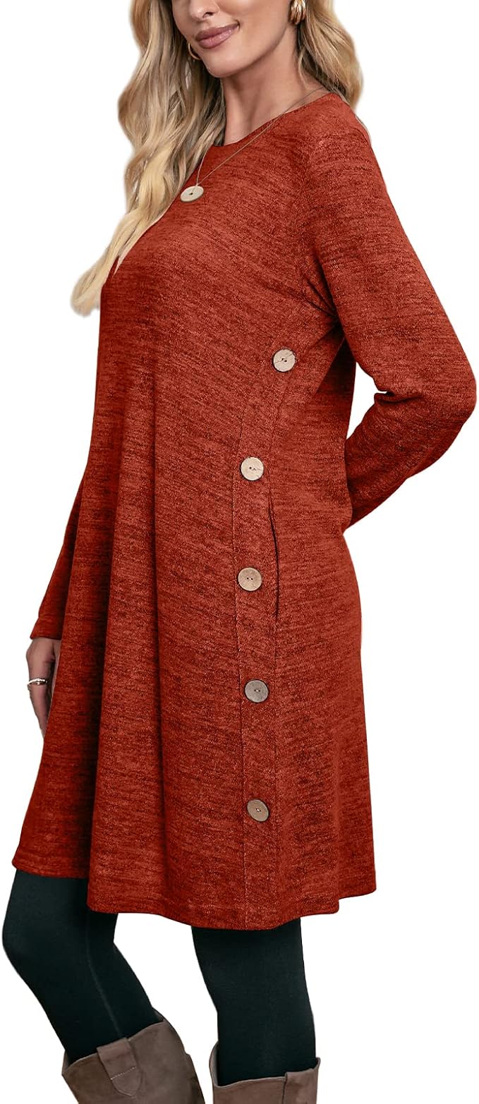 OFEEFAN Womens Long Sleeve Tunic Dres Fall Outfits with Pockets Buttons