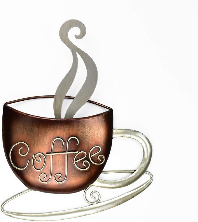 Aayla Metal Coffee Cup Wall Hanging Sculpture for Home, Kitchen, Restaurants and Shops - Brown and Champagne Color (14.75" H)