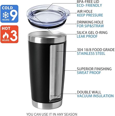HASLE OUTFITTERS 20oz Tumblers Bulk Stainless Steel Cups with Lid Double Wall Vacuum Insulated Coffee Mugs for Cold Hot Drinks 1 Pack, Black