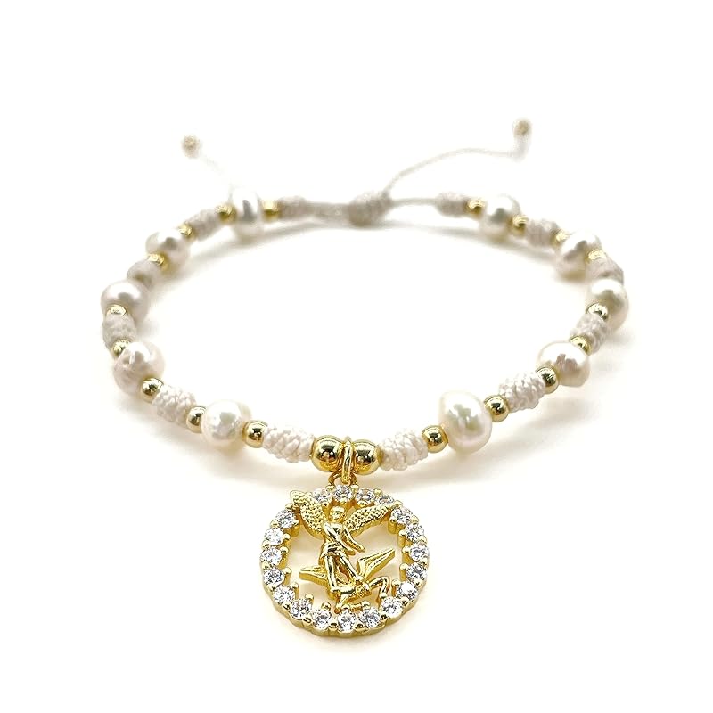 St Michael Archangel Pendant Medal on Adjustable Ivory Cord and Freshwater Pearls Wrist Adjustable Bracelet (Ivory)