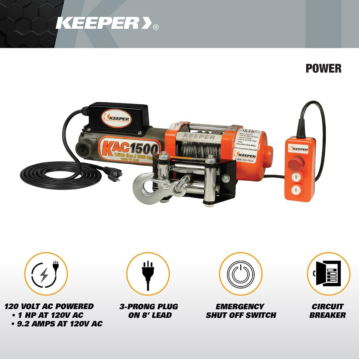 KEEPER Electric Winch 110/120V AC with Remote, Hand Held Control, 1500 lb. Capacity, AC Power, ATV, Truck, SUVs, Large Vehicles, Trailer Winch (Does not include clevis hook)