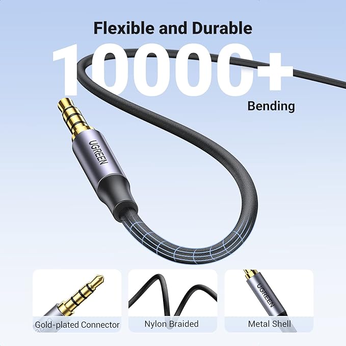 UGREEN 3.5mm Audio Cable Braided 4-Pole Hi-Fi Stereo TRRS Jack Shielded Male to Male AUX Cord Compatible with iPad, Samsung Phones, Tablets, Car Home Stereos, Headphones, Speaker, 3FT