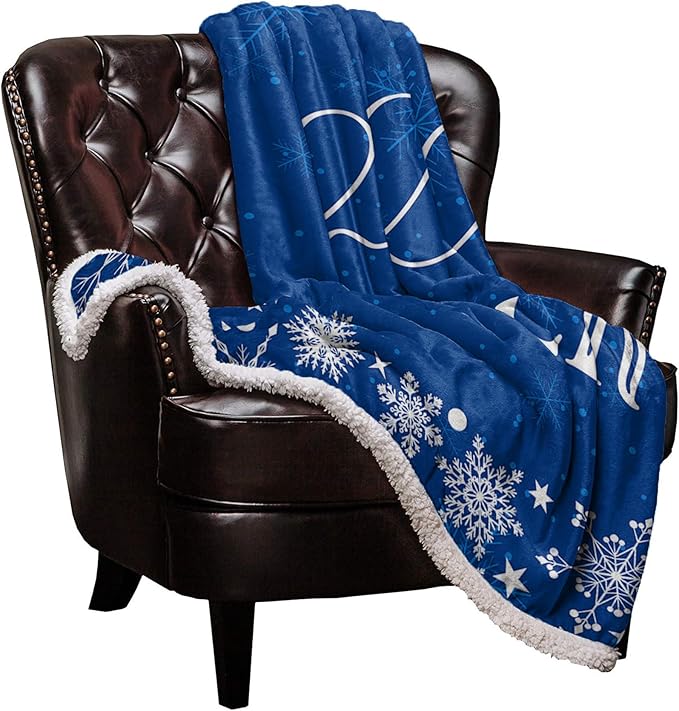 Cozy Christmas Throw Blanket for Couch Winter Reversible Sherpa Blanket Christmas Hello Winter Snowflakes Blue Throw Blankets for Sofa Bed,40x50 in Fleece Blanket
