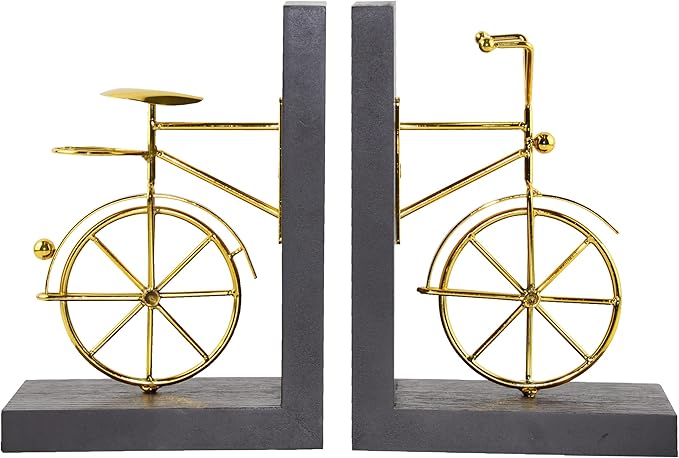 Spiretro Bicycle Bookend Supports, Decorative Book Stoppers with Non-Skid Bottom, Handcrafted Distressed Wood Metal Book Stand, Display for Bookshelf Office Desktop, 1-Pair, Golden Brown