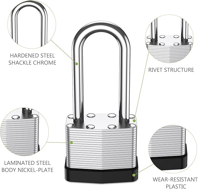 KeeKit Padlock with Key, 40mm Heavy Duty Lock with 53mm Long Shackle, Waterproof Gate Solid Brass Lock for Gym Locker, Garage, Fence, Shed, Yard, Outdoor, Indoor, 2 Pack