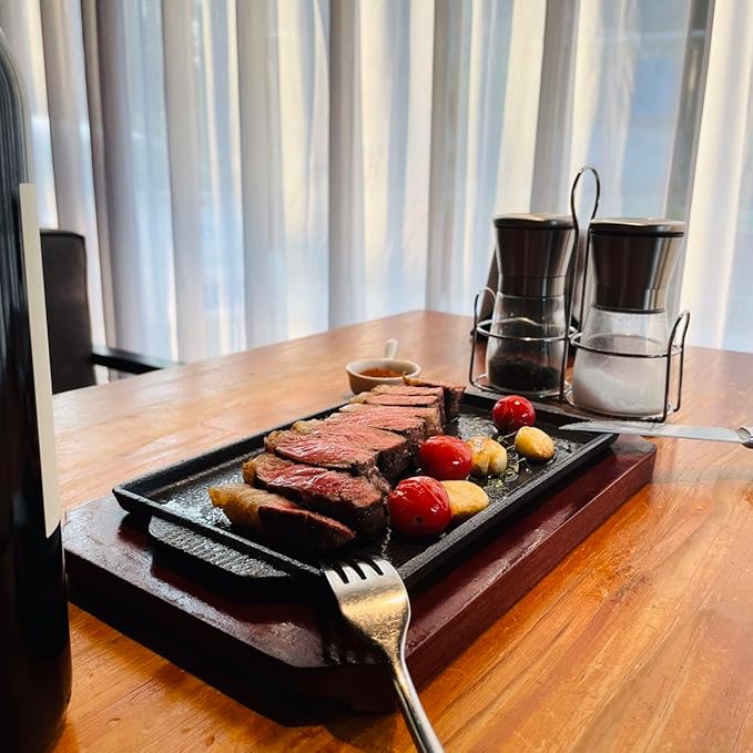 Cast Iron Steak Plate, Grill Pans, Sizzle Griddle with Wooden Base, Steak Pan, Griddle Grill Pan with handles (Plate with Base 6.7" x 4.4")