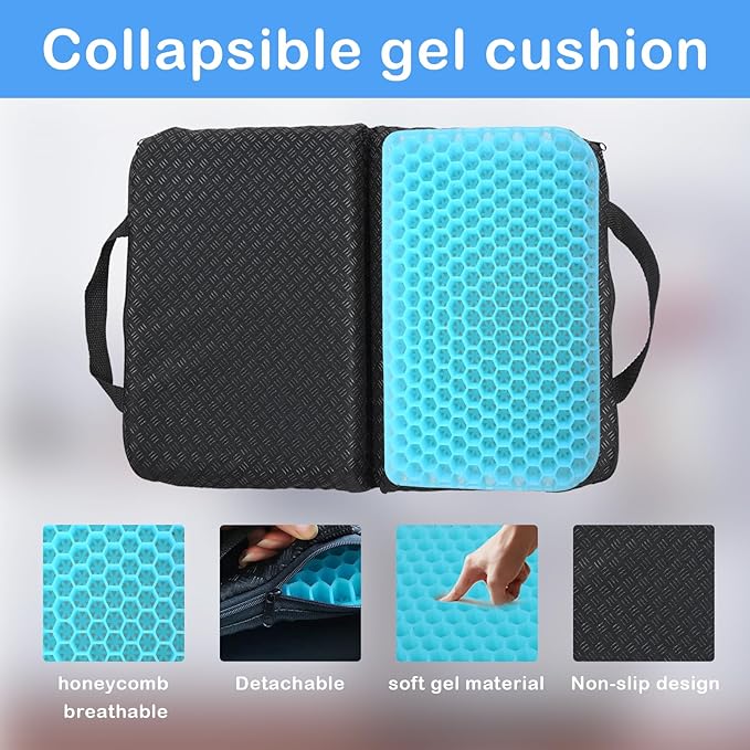 Portable Gel Seat Cushion Foldable Gel Travel Cushions for Long Sitting Pressure Relief for Office Chair Car Stadium Airplane Travel Relive Sedentary Pain