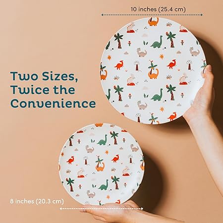 Nook Theory 4 Pack Reusable Bamboo Plates - Non-Toxic Toddler and Kids Plate, Dishwasher Safe, Not Microwavable Dinnerware (Dino 10")