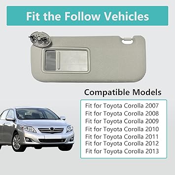 Left Driver Side Sun Visor Compatible with Toyota Corolla 2007 2008 2009 2010 2011 2012 2013, Replacement Front Left Sun Visor Assembly wMakeup Mirror 74320-12E00-B0