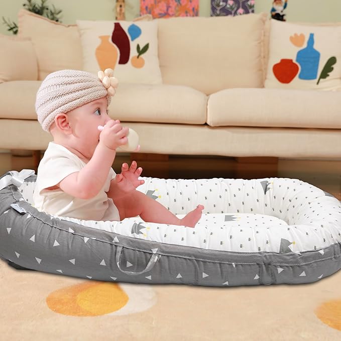 Baby Lounger for Newborn Cover - Newborn Lounger for 0-12 Months, Breathable Portable Infant Lounger - Adjustable Cotton Soft Baby Floor Seat for Travel, Newborn Essentials -Crown