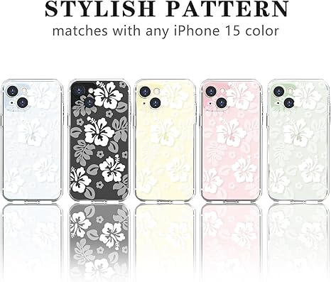 Compatible for iPhone 15 Case Cute Clear Hibiscus Flower Floral Aesthetic Printed Design for Girls Women Soft TPU Shockproof Protective Girly for iPhone 15-White