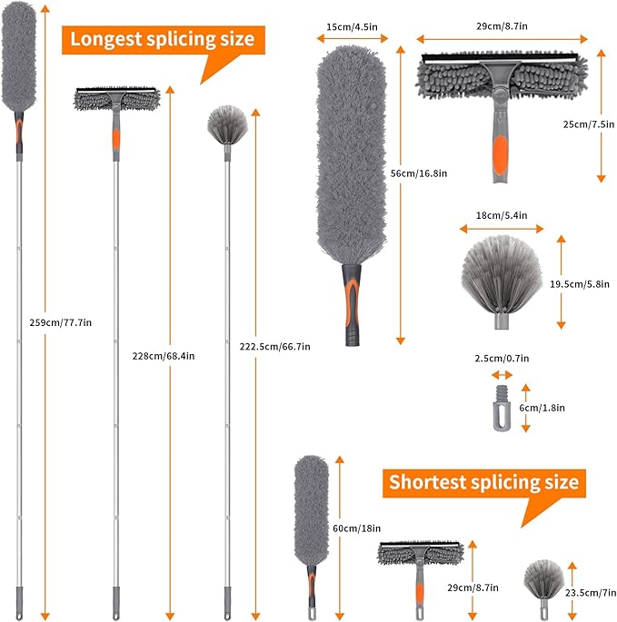 Professional Duster Kit with Assembled Extension Pole, Cobweb Duster, Window Scrubbing Squeegee, Cobweb Duster, IndoorOutdoor Stretchable Bendable Duster Cleaning Kit